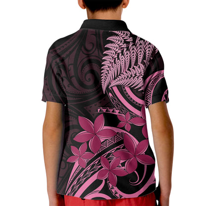 Aotearoa Maori Kid Polo Shirt Pink Fern Ribbons on Black