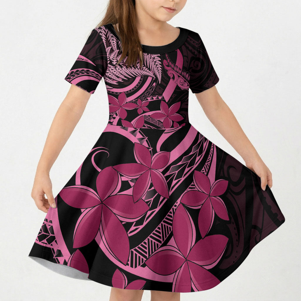 Aotearoa Maori Kid Short Sleeve Dress Pink Fern Ribbons on Black