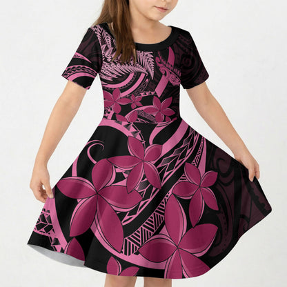 Aotearoa Maori Kid Short Sleeve Dress Pink Fern Ribbons on Black