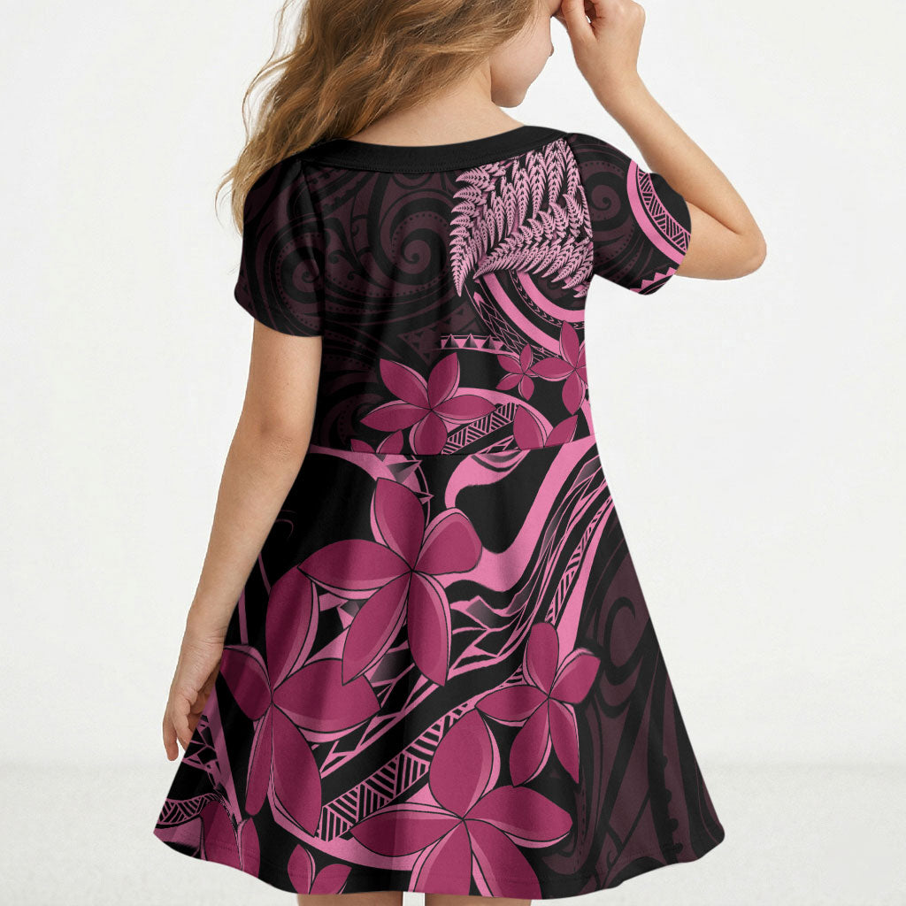 Aotearoa Maori Kid Short Sleeve Dress Pink Fern Ribbons on Black