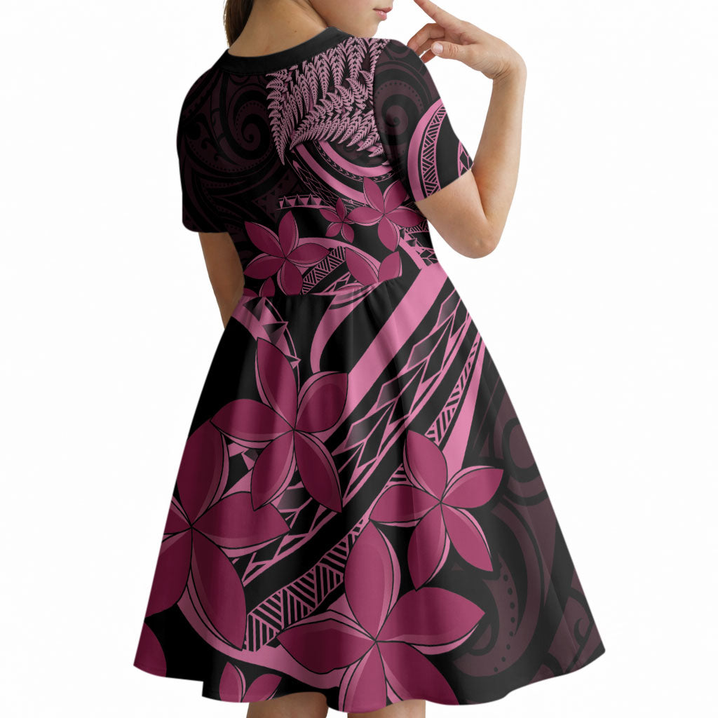 Aotearoa Maori Kid Short Sleeve Dress Pink Fern Ribbons on Black