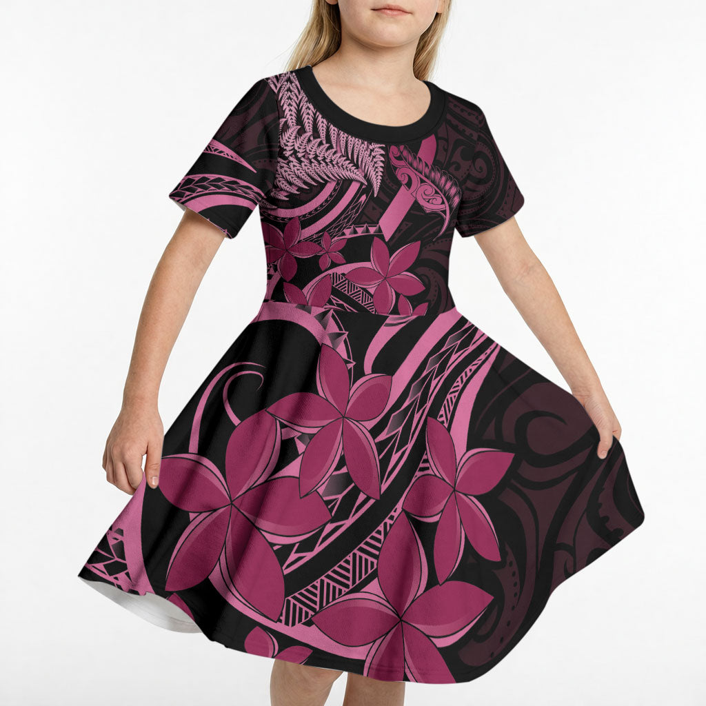 Aotearoa Maori Kid Short Sleeve Dress Pink Fern Ribbons on Black