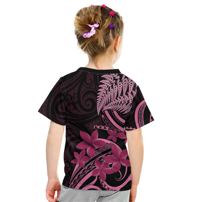 Aotearoa Maori Kid T Shirt Pink Fern Ribbons on Black