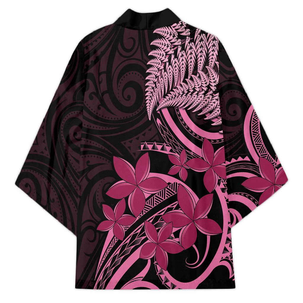 Aotearoa Maori Kimono Pink Fern Ribbons on Black