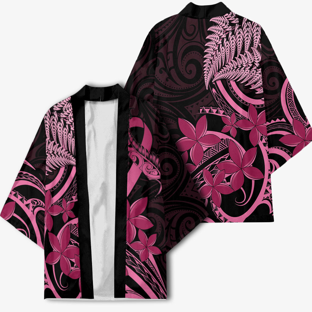 Aotearoa Maori Kimono Pink Fern Ribbons on Black