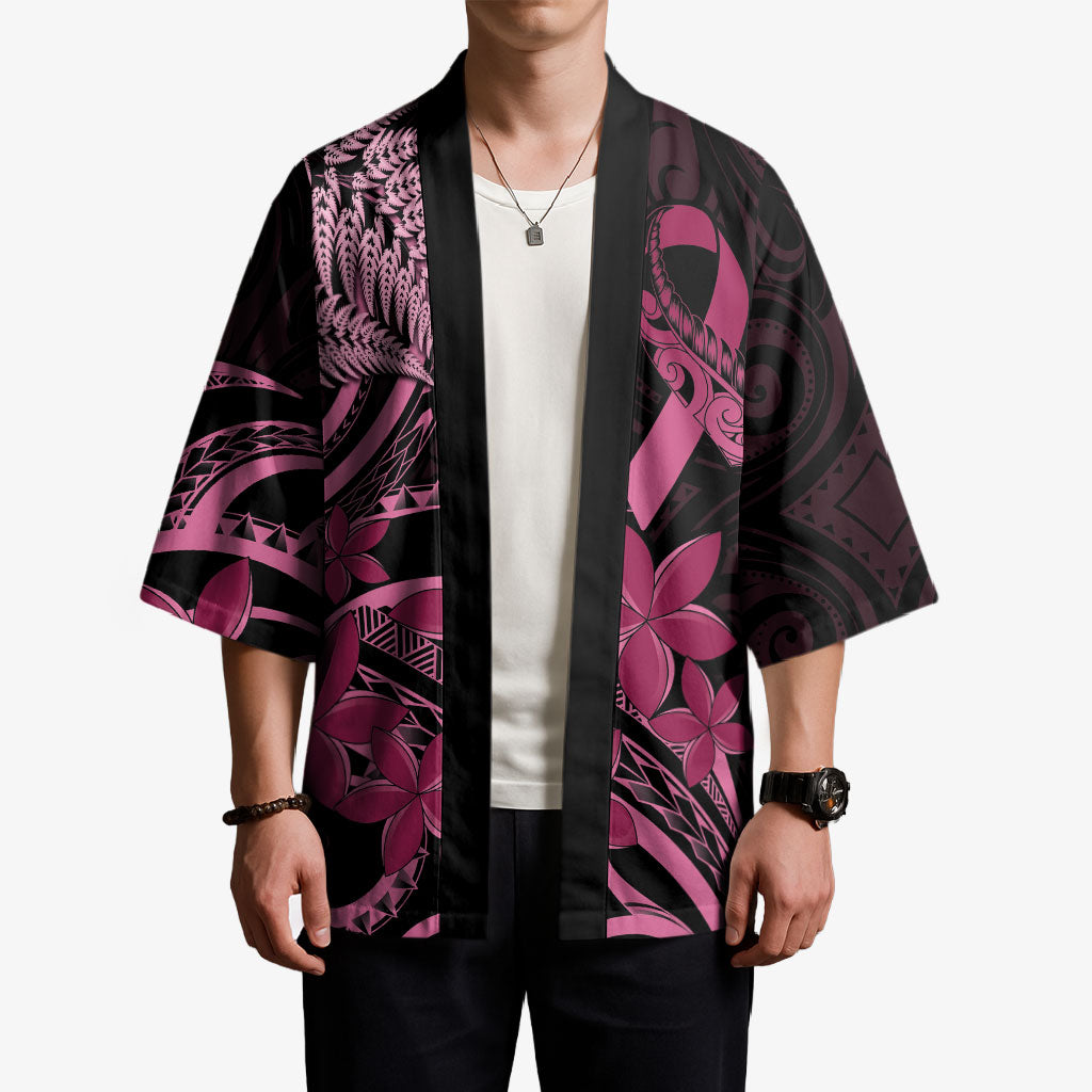 Aotearoa Maori Kimono Pink Fern Ribbons on Black