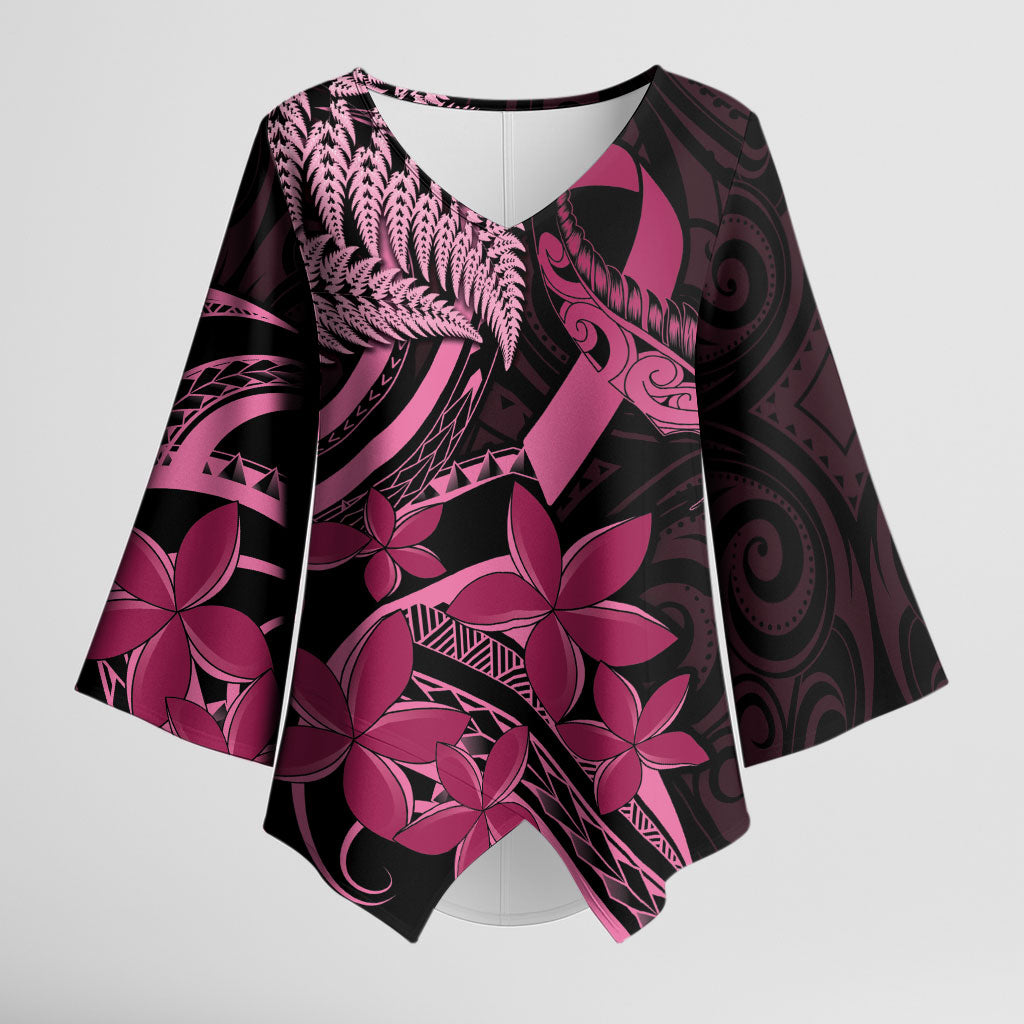 Aotearoa Maori Kimono Sleeve Blouse Pink Fern Ribbons on Black
