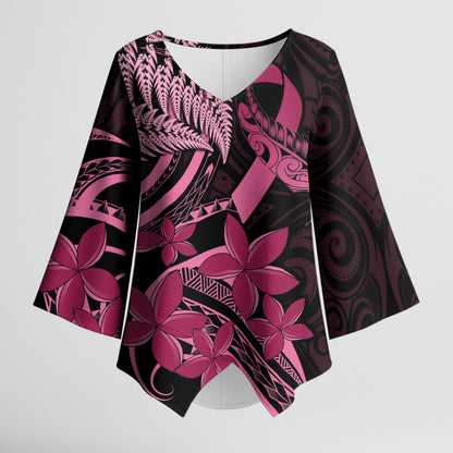 Aotearoa Maori Kimono Sleeve Blouse Pink Fern Ribbons on Black