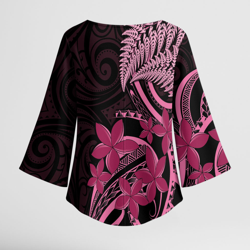 Aotearoa Maori Kimono Sleeve Blouse Pink Fern Ribbons on Black