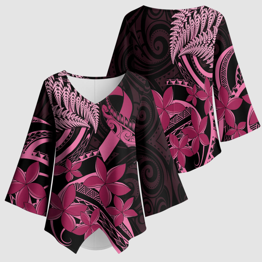 Aotearoa Maori Kimono Sleeve Blouse Pink Fern Ribbons on Black