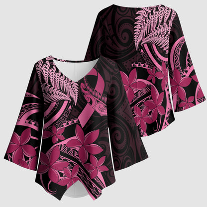 Aotearoa Maori Kimono Sleeve Blouse Pink Fern Ribbons on Black
