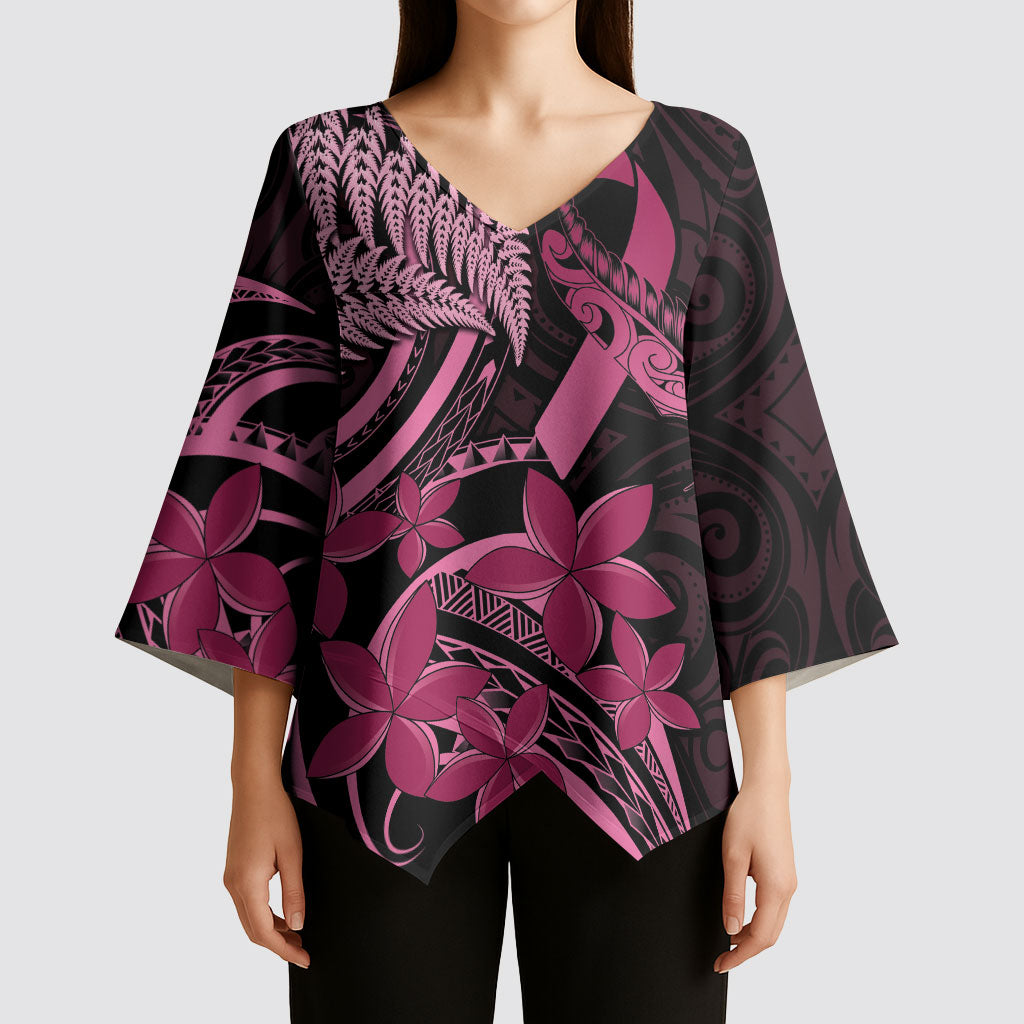 Aotearoa Maori Kimono Sleeve Blouse Pink Fern Ribbons on Black