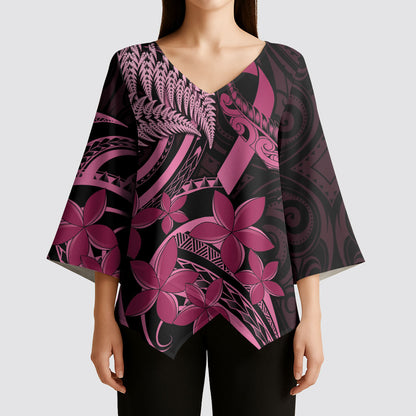 Aotearoa Maori Kimono Sleeve Blouse Pink Fern Ribbons on Black