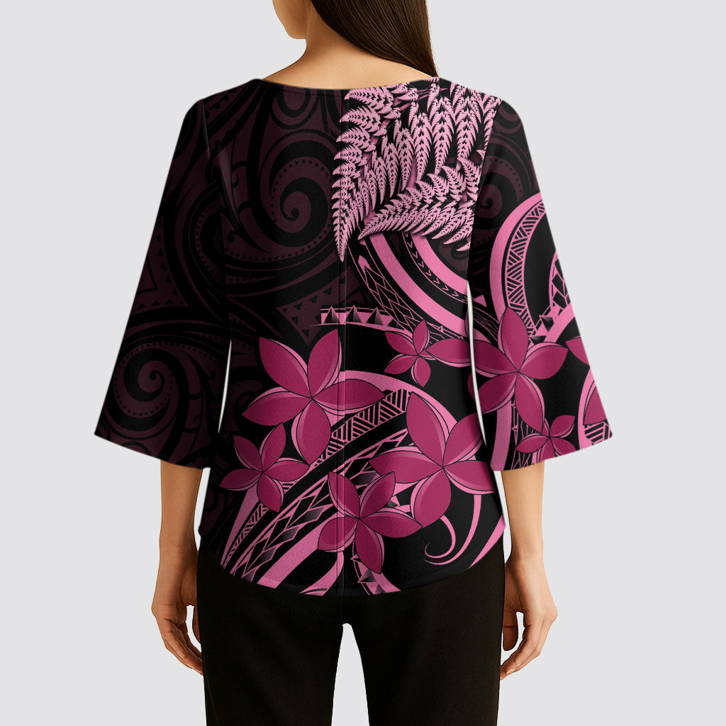 Aotearoa Maori Kimono Sleeve Blouse Pink Fern Ribbons on Black