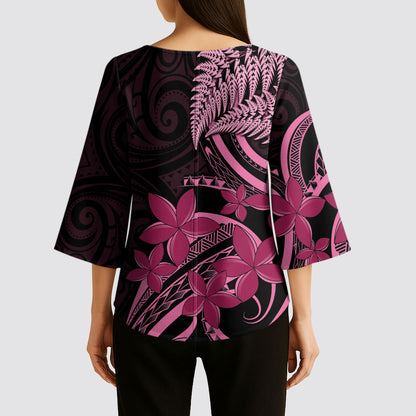 Aotearoa Maori Kimono Sleeve Blouse Pink Fern Ribbons on Black