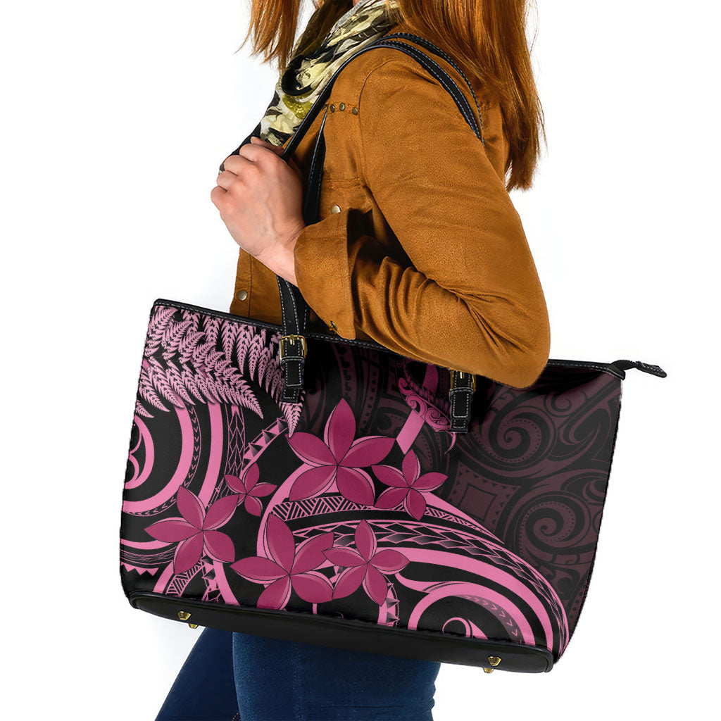 Aotearoa Maori Leather Tote Bag Pink Fern Ribbons on Black