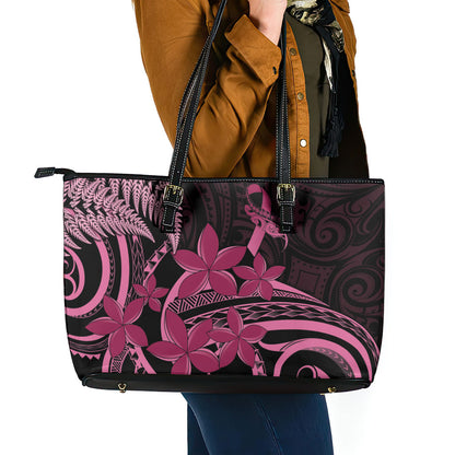 Aotearoa Maori Leather Tote Bag Pink Fern Ribbons on Black