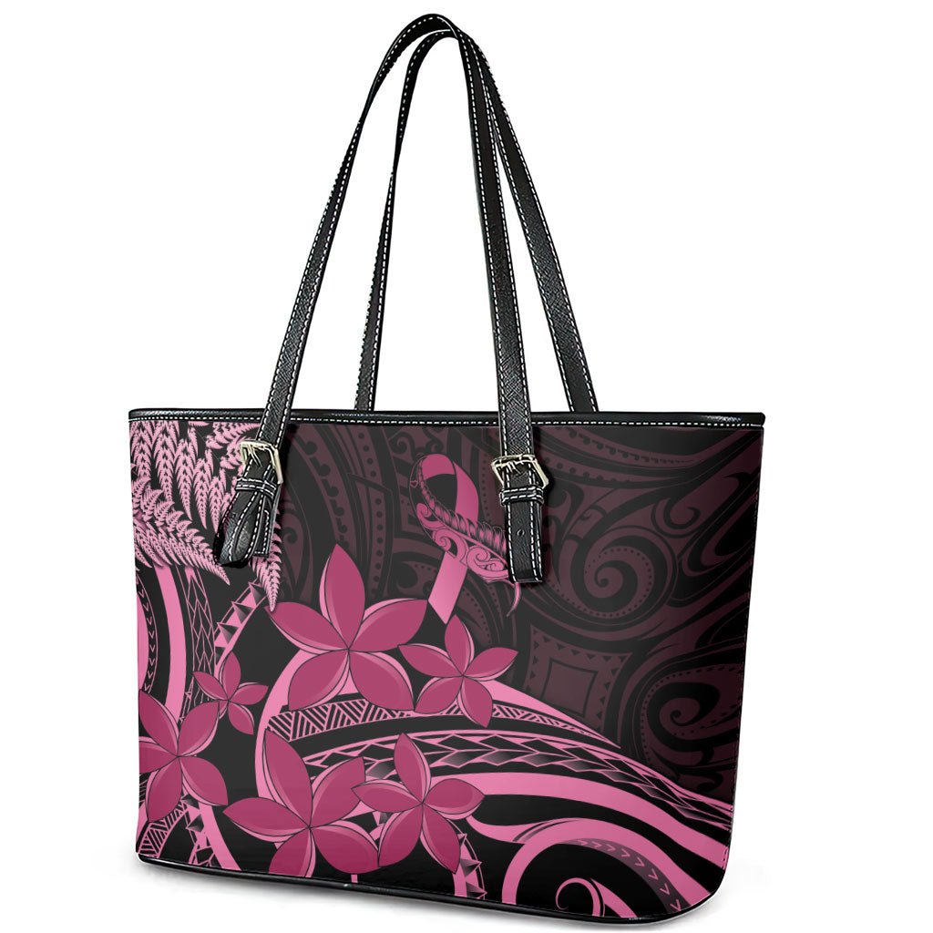 Aotearoa Maori Leather Tote Bag Pink Fern Ribbons on Black