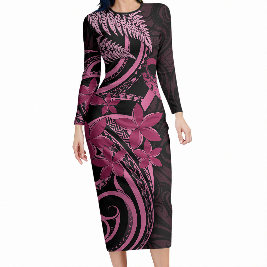 Aotearoa Maori Long Sleeve Bodycon Dress Pink Fern Ribbons on Black