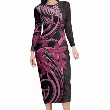 Aotearoa Maori Long Sleeve Bodycon Dress Pink Fern Ribbons on Black