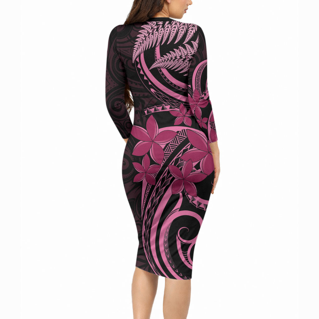 Aotearoa Maori Long Sleeve Bodycon Dress Pink Fern Ribbons on Black