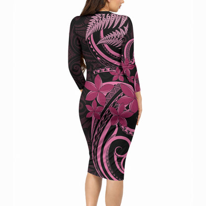 Aotearoa Maori Long Sleeve Bodycon Dress Pink Fern Ribbons on Black
