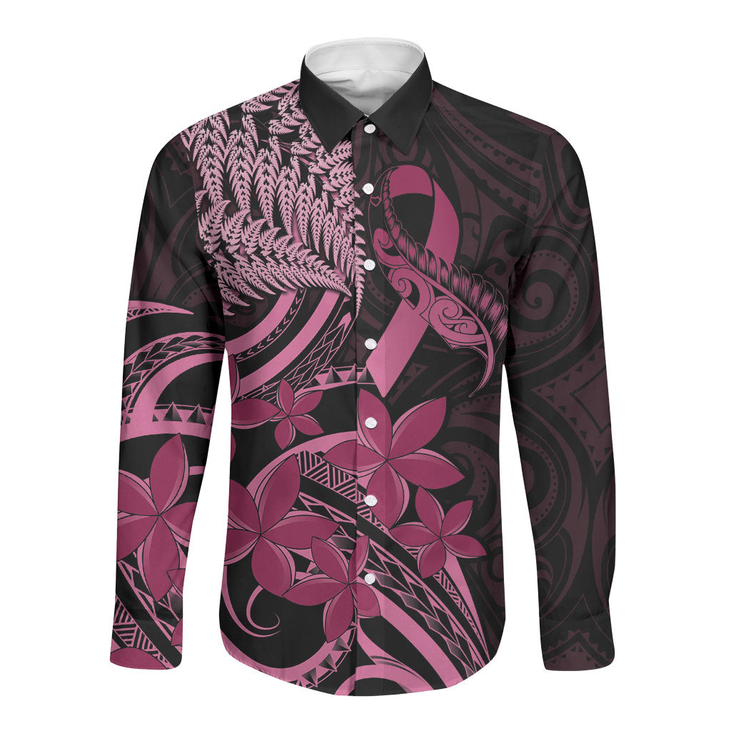 Aotearoa Maori Long Sleeve Button Shirt Pink Fern Ribbons on Black