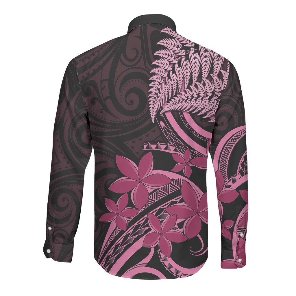 Aotearoa Maori Long Sleeve Button Shirt Pink Fern Ribbons on Black