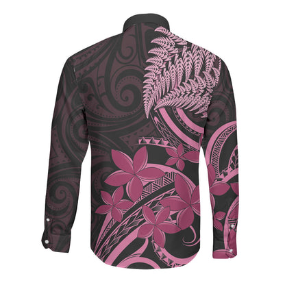Aotearoa Maori Long Sleeve Button Shirt Pink Fern Ribbons on Black