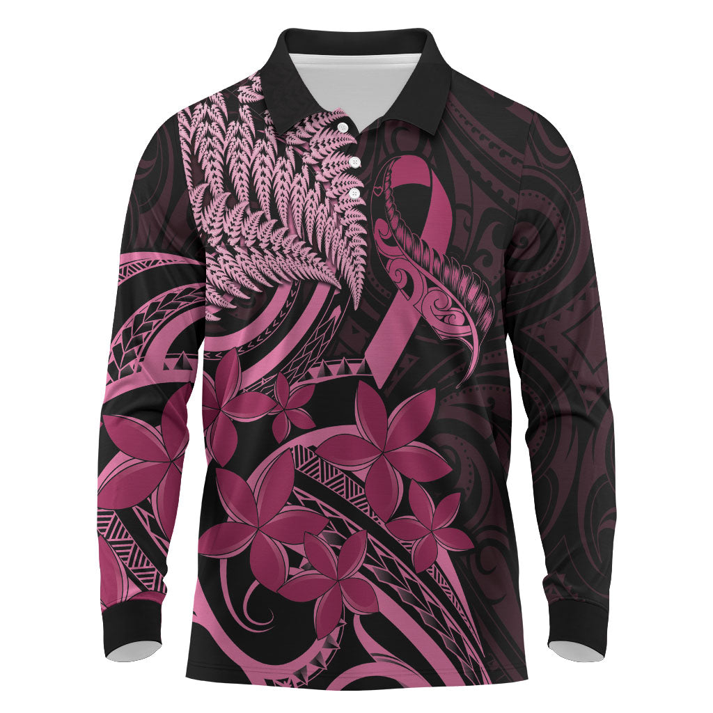 Aotearoa Maori Long Sleeve Polo Shirt Pink Fern Ribbons on Black