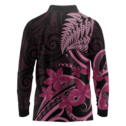Aotearoa Maori Long Sleeve Polo Shirt Pink Fern Ribbons on Black