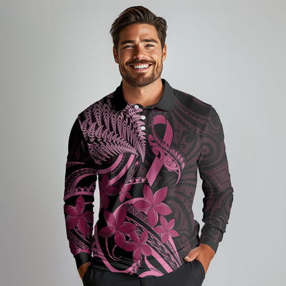 Aotearoa Maori Long Sleeve Polo Shirt Pink Fern Ribbons on Black