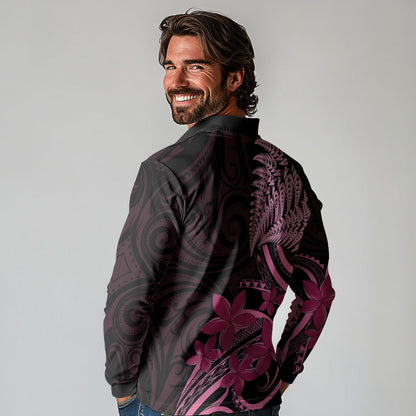 Aotearoa Maori Long Sleeve Polo Shirt Pink Fern Ribbons on Black