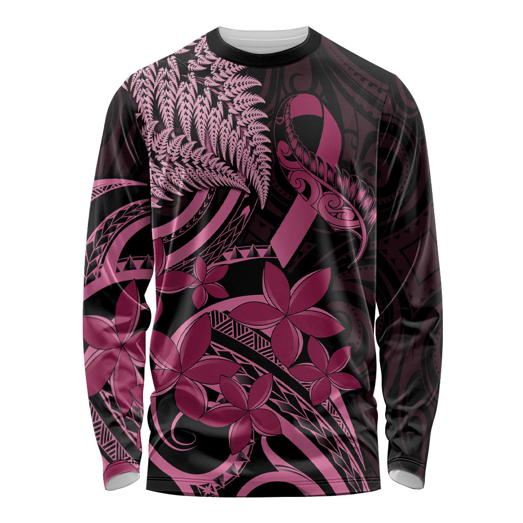 Aotearoa Maori Long Sleeve Shirt Pink Fern Ribbons on Black