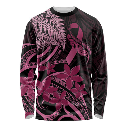 Aotearoa Maori Long Sleeve Shirt Pink Fern Ribbons on Black
