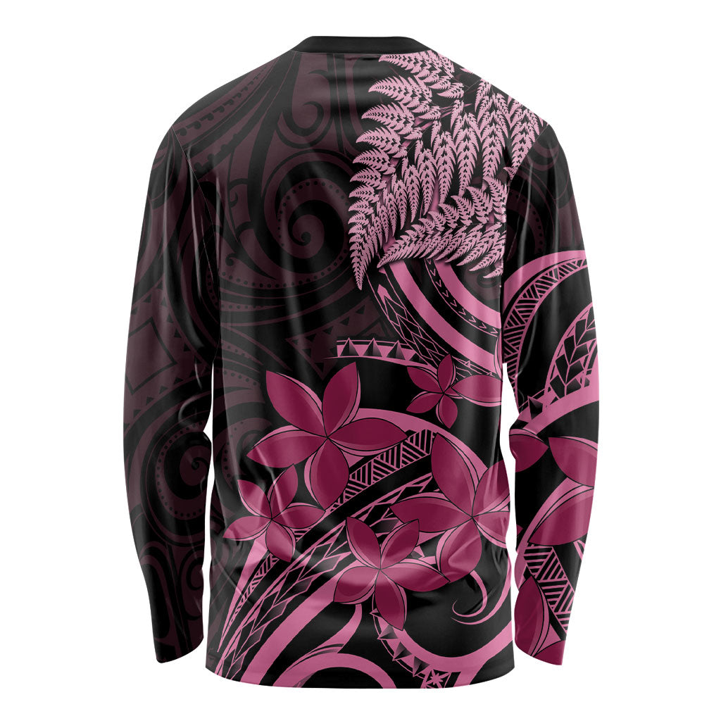 Aotearoa Maori Long Sleeve Shirt Pink Fern Ribbons on Black