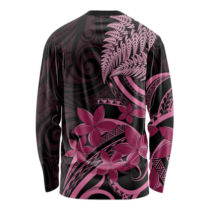 Aotearoa Maori Long Sleeve Shirt Pink Fern Ribbons on Black