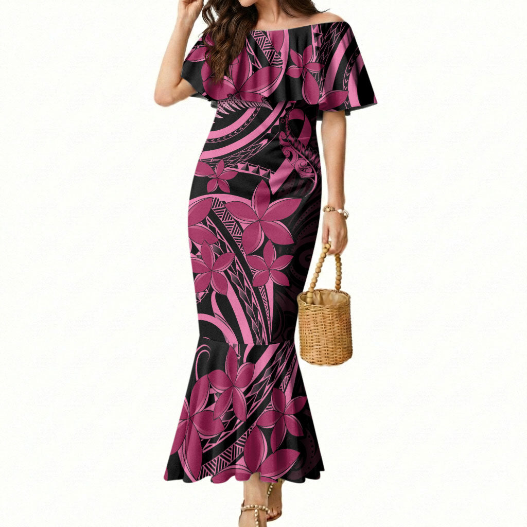 Aotearoa Maori Mermaid Dress Pink Fern Ribbons on Black