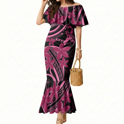 Aotearoa Maori Mermaid Dress Pink Fern Ribbons on Black