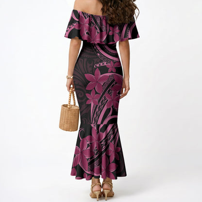 Aotearoa Maori Mermaid Dress Pink Fern Ribbons on Black