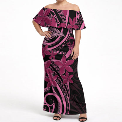 Aotearoa Maori Off Shoulder Maxi Dress Pink Fern Ribbons on Black