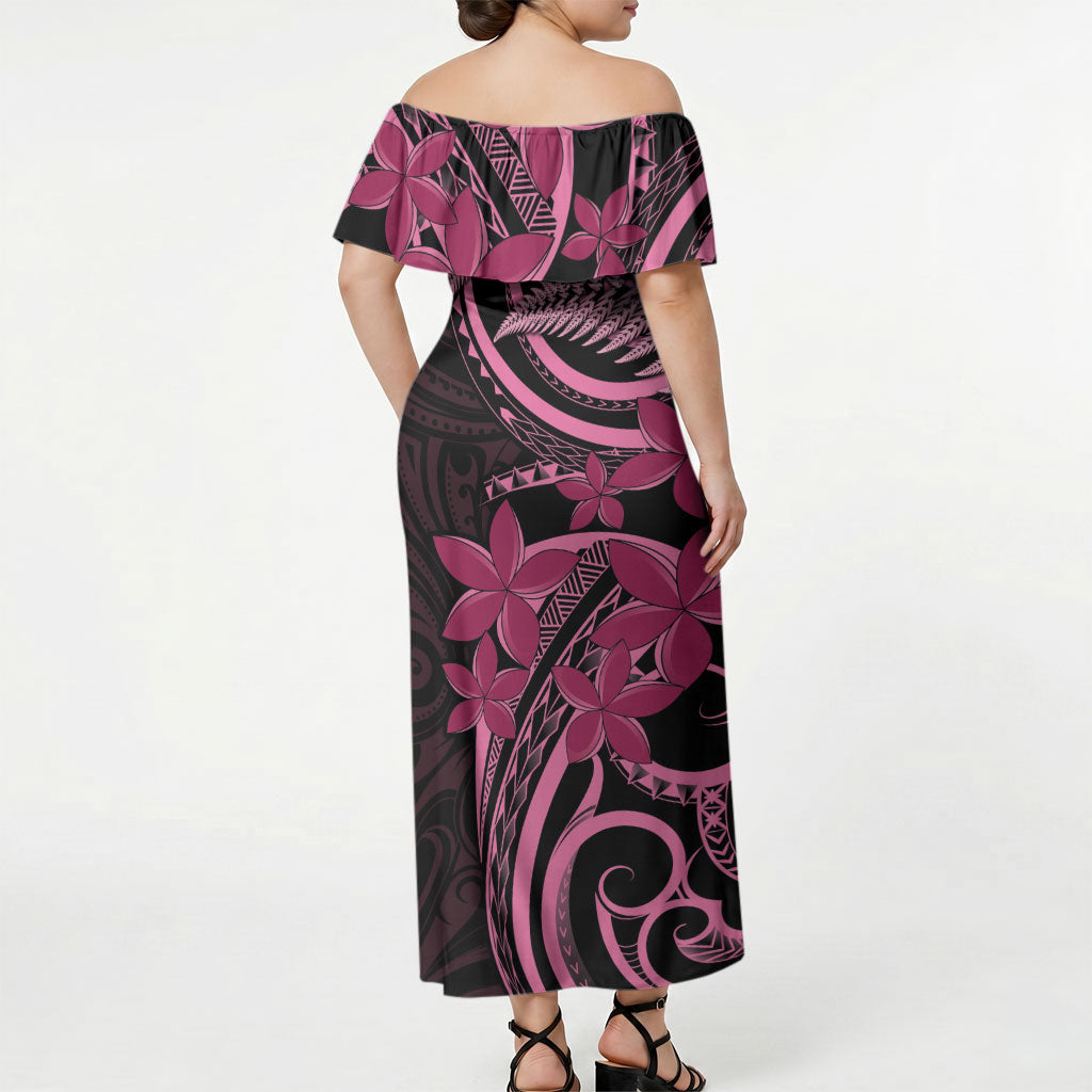 Aotearoa Maori Off Shoulder Maxi Dress Pink Fern Ribbons on Black