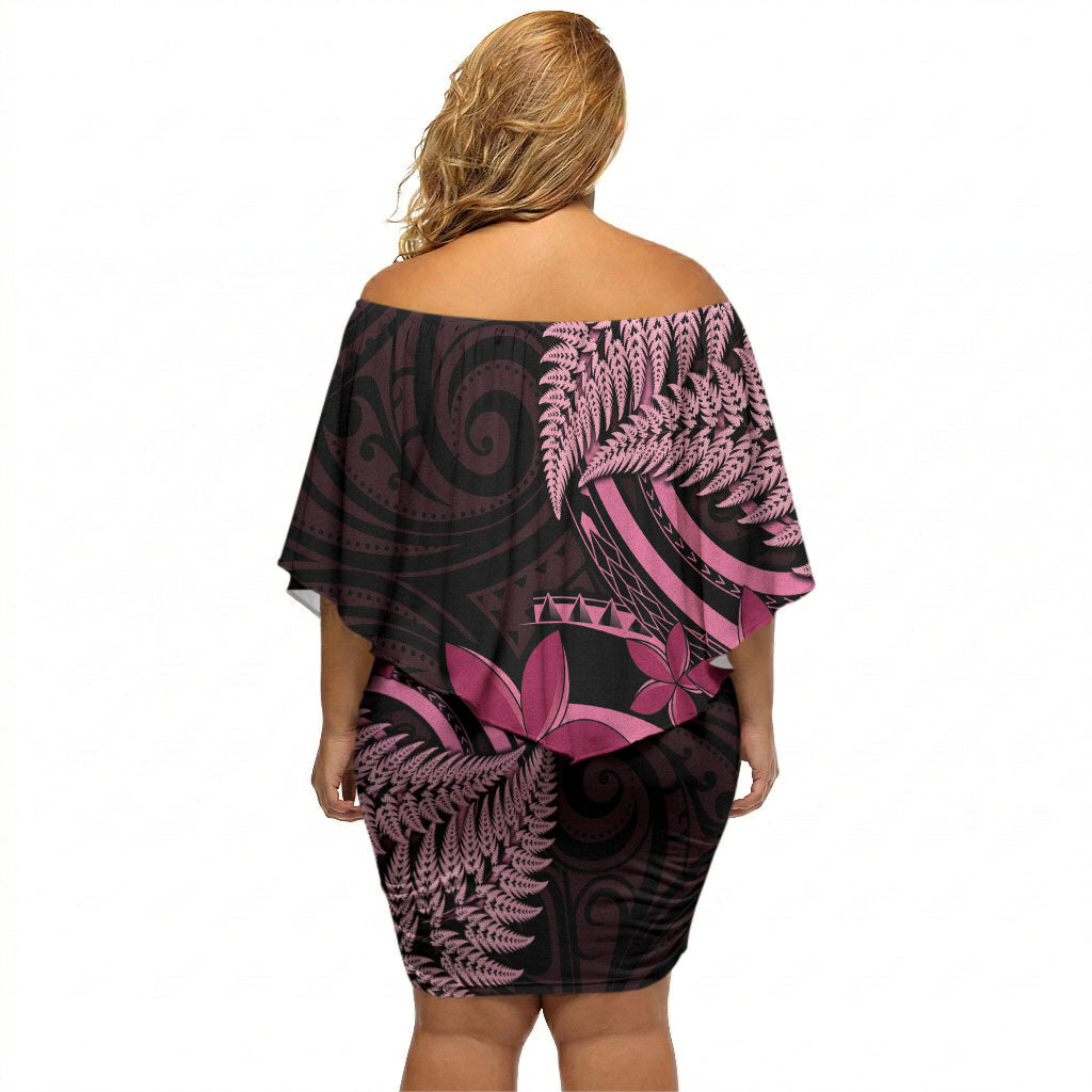 Aotearoa Maori Off Shoulder Short Dress Pink Fern Ribbons on Black