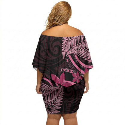 Aotearoa Maori Off Shoulder Short Dress Pink Fern Ribbons on Black