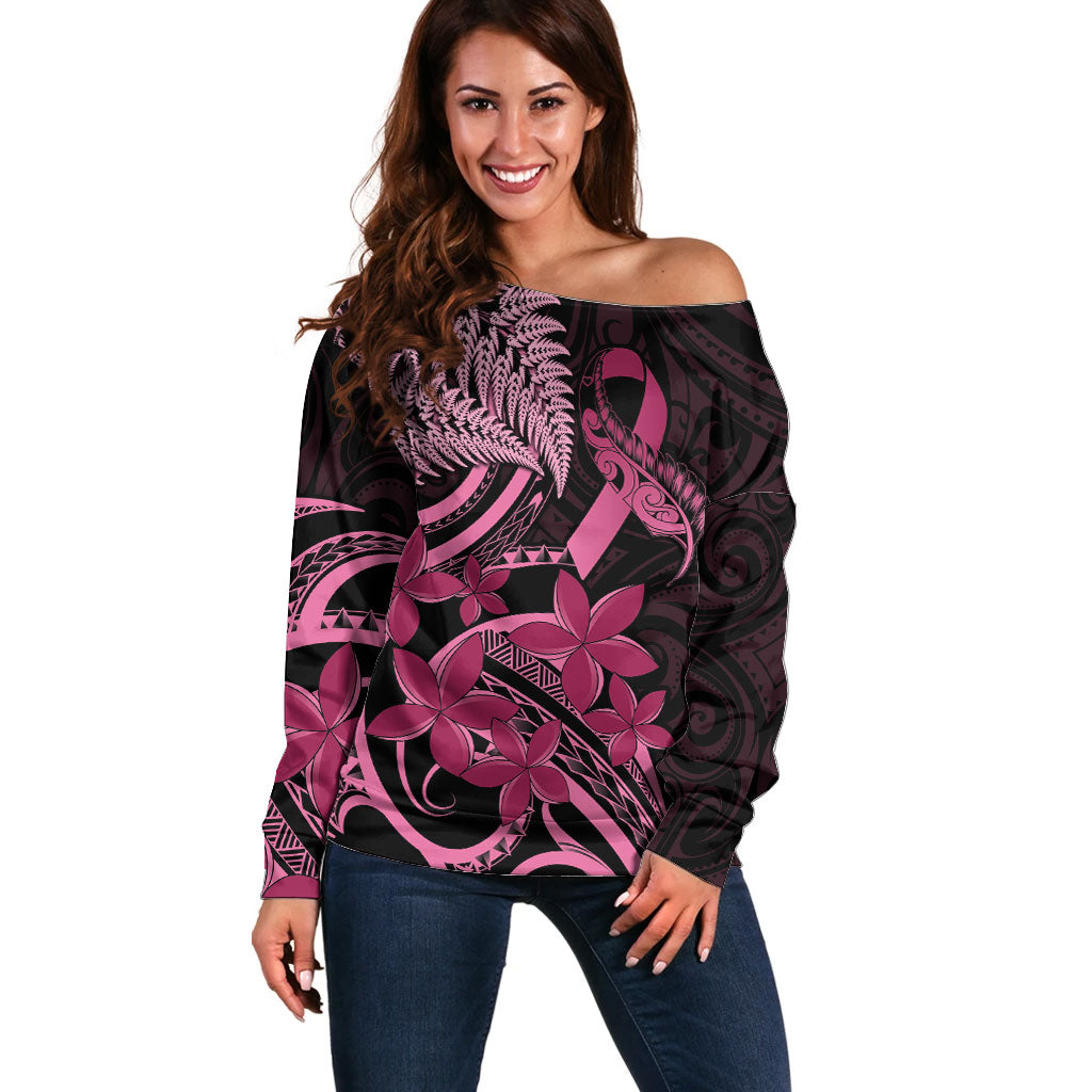 Aotearoa Maori Off Shoulder Sweater Pink Fern Ribbons on Black