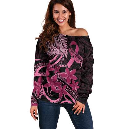 Aotearoa Maori Off Shoulder Sweater Pink Fern Ribbons on Black