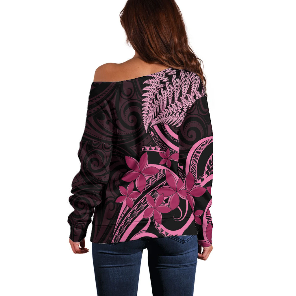 Aotearoa Maori Off Shoulder Sweater Pink Fern Ribbons on Black
