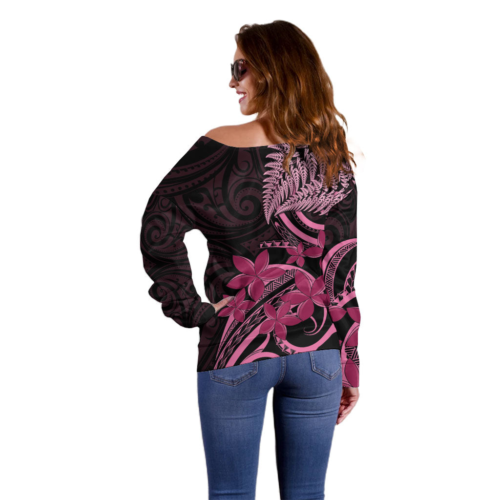 Aotearoa Maori Off Shoulder Sweater Pink Fern Ribbons on Black