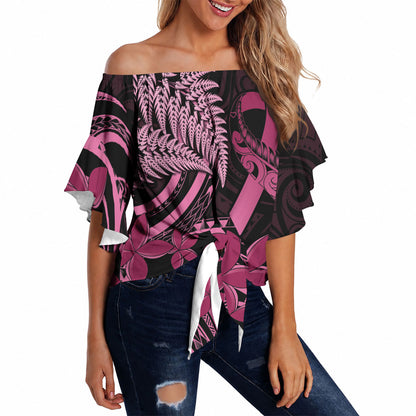 Aotearoa Maori Off Shoulder Wrap Waist Top Pink Fern Ribbons on Black