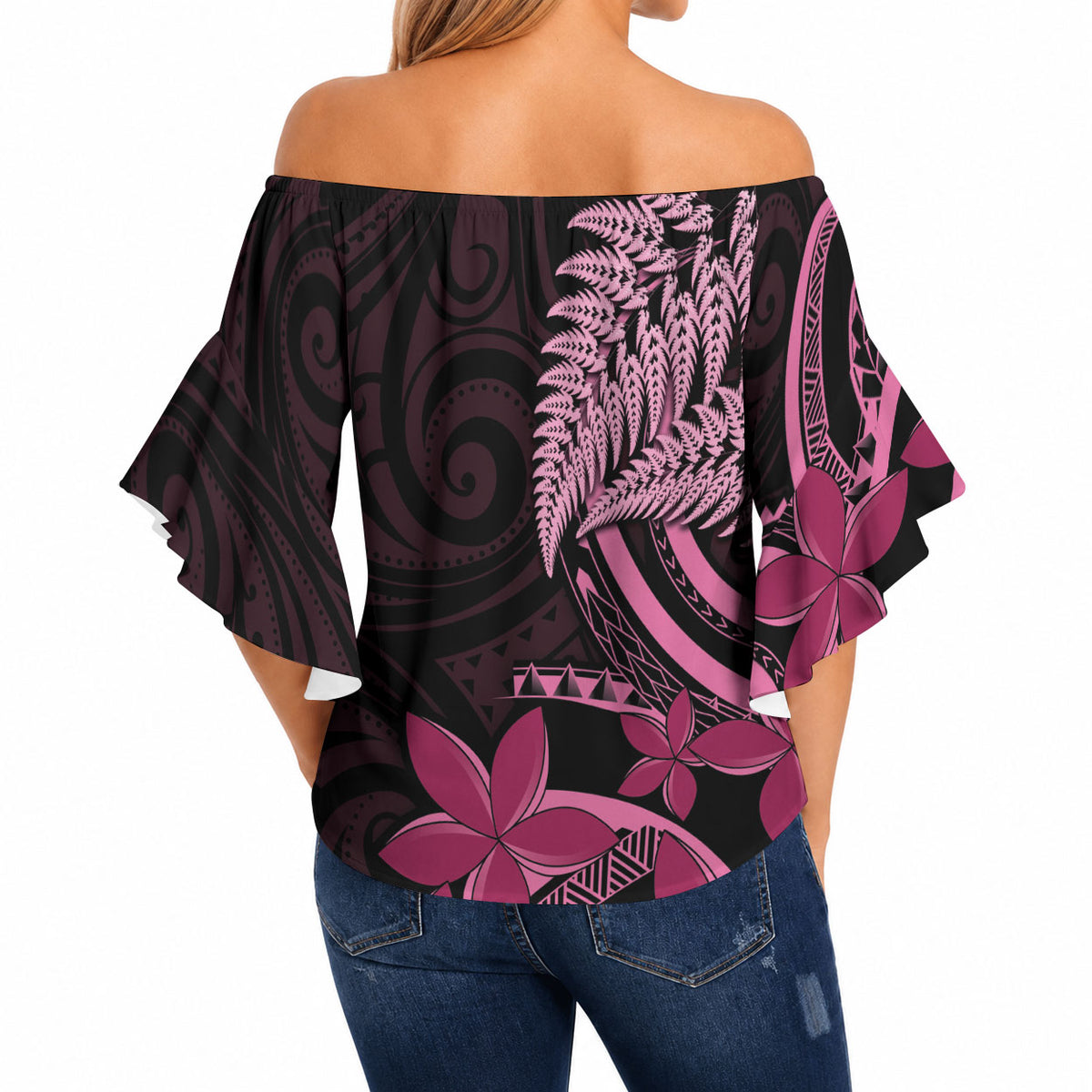 Aotearoa Maori Off Shoulder Wrap Waist Top Pink Fern Ribbons on Black